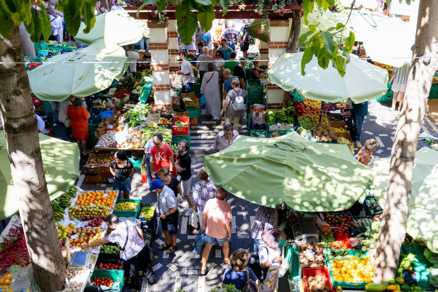 Shoppers browse fresh produce at a busy outdoor market.